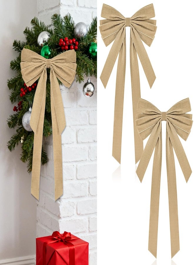 Stuffygreenus 2 Pcs Large Christmas Velvet Bows 10" x 27.5" Christmas Bows Tree Ornament Xmas Velvet Ribbon Bow for Gift Wrapping Wreaths Garland Holiday Home Front Door Decor (Khaki) - Image 1